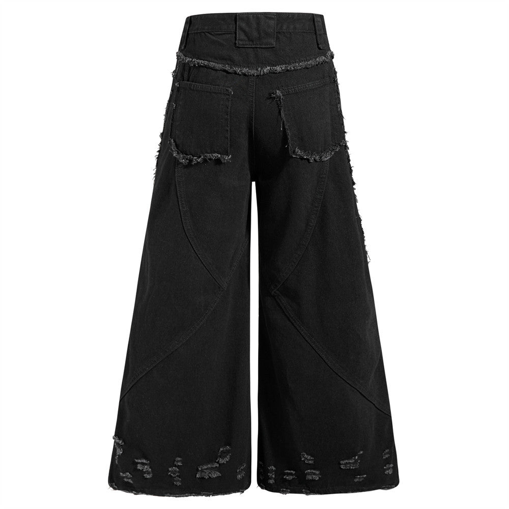 Black Wide-Leg Deconstructed Jeans – Zipper Detail & Raw-Edge Patchwork