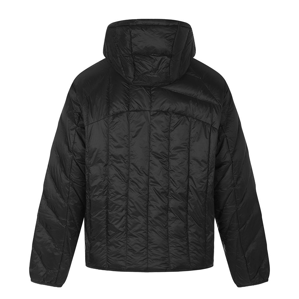 Men's Hooded Puffer Jacket – Irregular Quilted Stitch Design, Ivory & Black