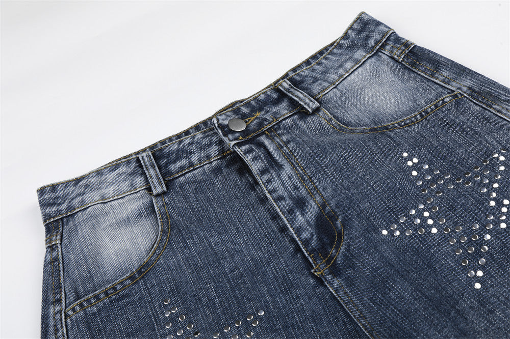 Vintage Washed Wide-Leg Jeans with Star Rhinestone Detail