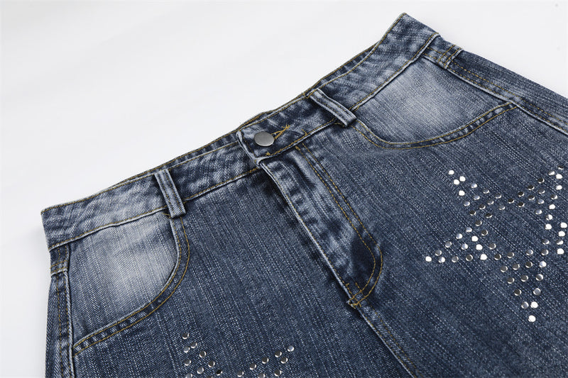 Vintage Washed Wide-Leg Jeans with Star Rhinestone Detail