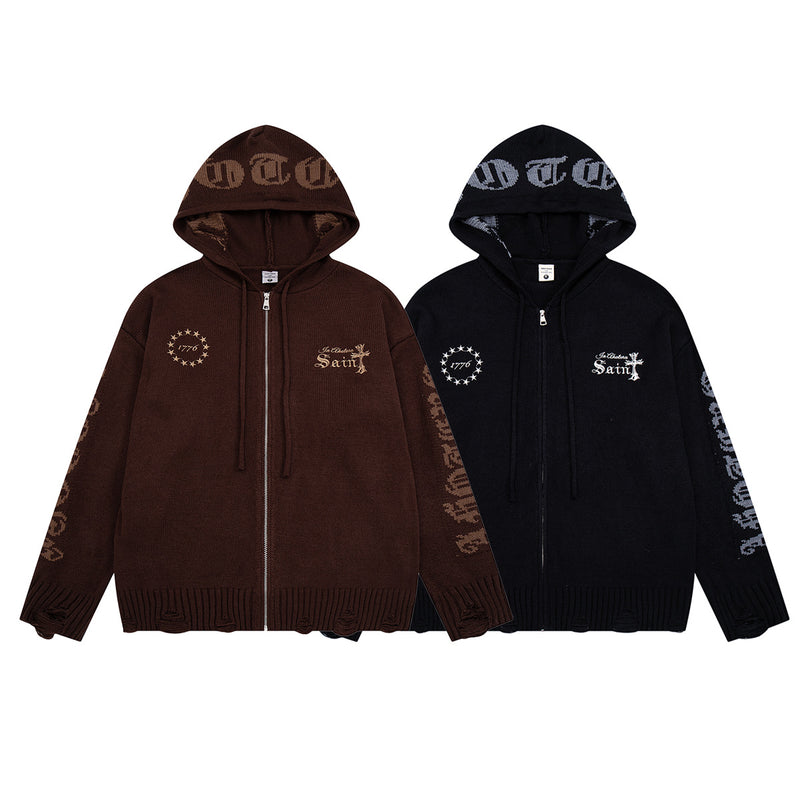 Sudadera de punto con cremallera y cruz gótica – Cárdigan de streetwear americano desgastado