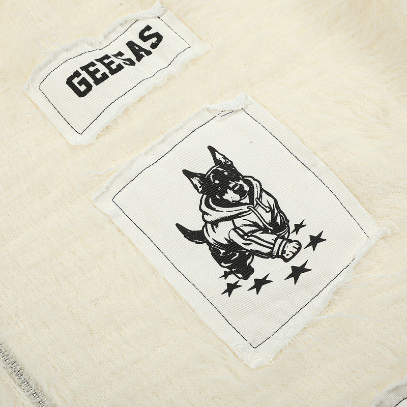 Fuzzy Knit Zip-Up Hoodie with Animal Patches – Streetwear Cardigan