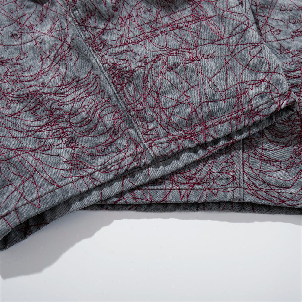 Wide-Leg Denim Shorts with All-Over Graffiti Embroidery – Punk Washed Grey