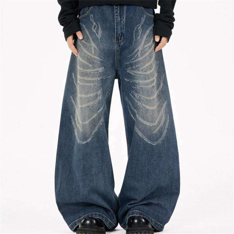 Men's Super Baggy Jeans – Rhinestone Wing Graphic Wide-Leg Denim, Washed Blue