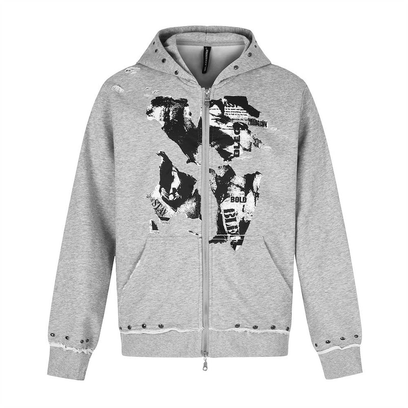 Light gray zip-up hoodie front view with abstract black and white graphic print, studded hood and cuffs