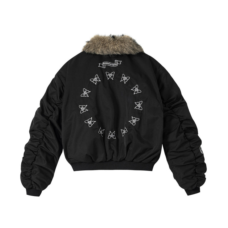 Blouson bomber homme à col en fourrure – Broderies papillons et manches froncées