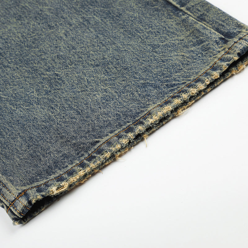 Wide-Leg Jeans Men's American Vintage Washed Distressed Denim Pants