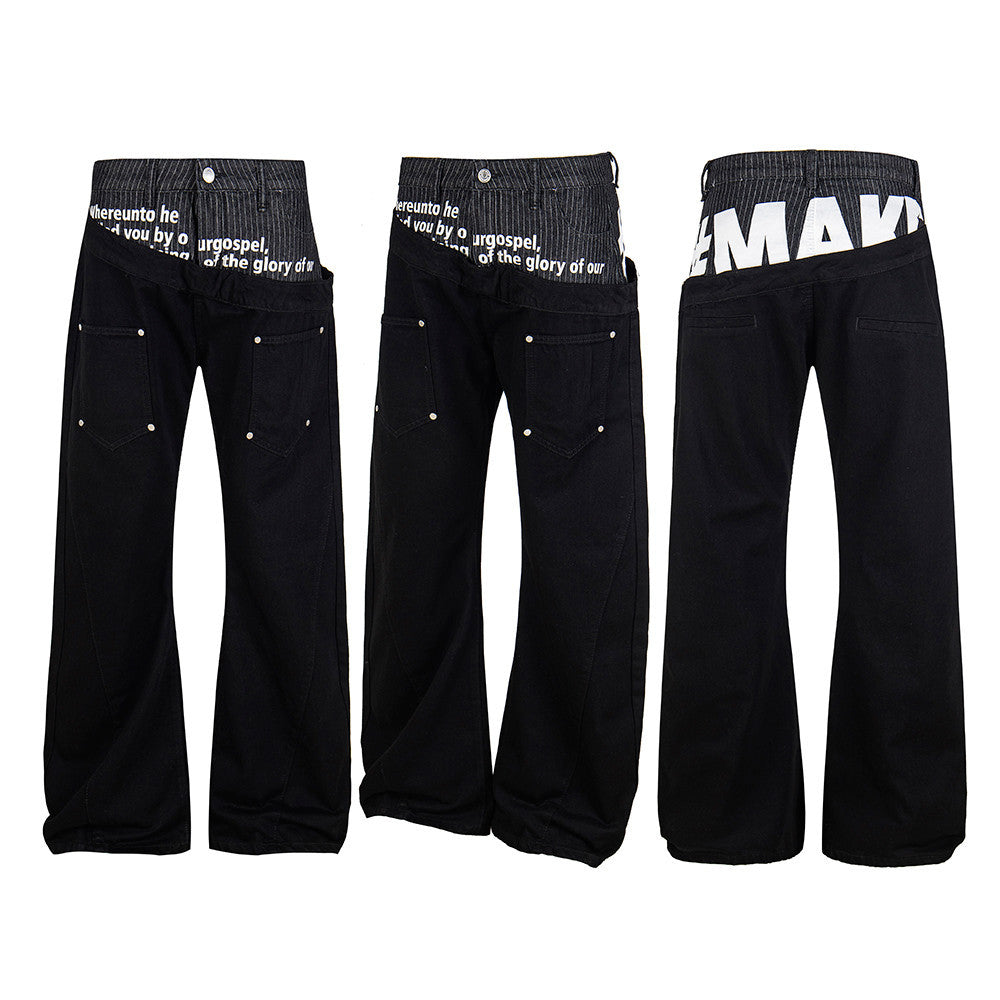 Men's black wide-leg flare jeans with irregular diagonal pinstripe splice and oversized letter print waistband, front and bac