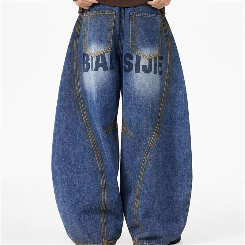 Baggy Wide-Leg Jeans – Deconstructed Patchwork Scimitar Seam, Vintage Wash with
