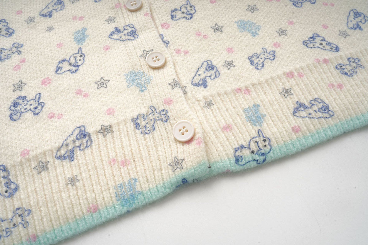Bear Print Knit Cardigan Sweater – Crew Neck Button-Up with Allover Ditsy
