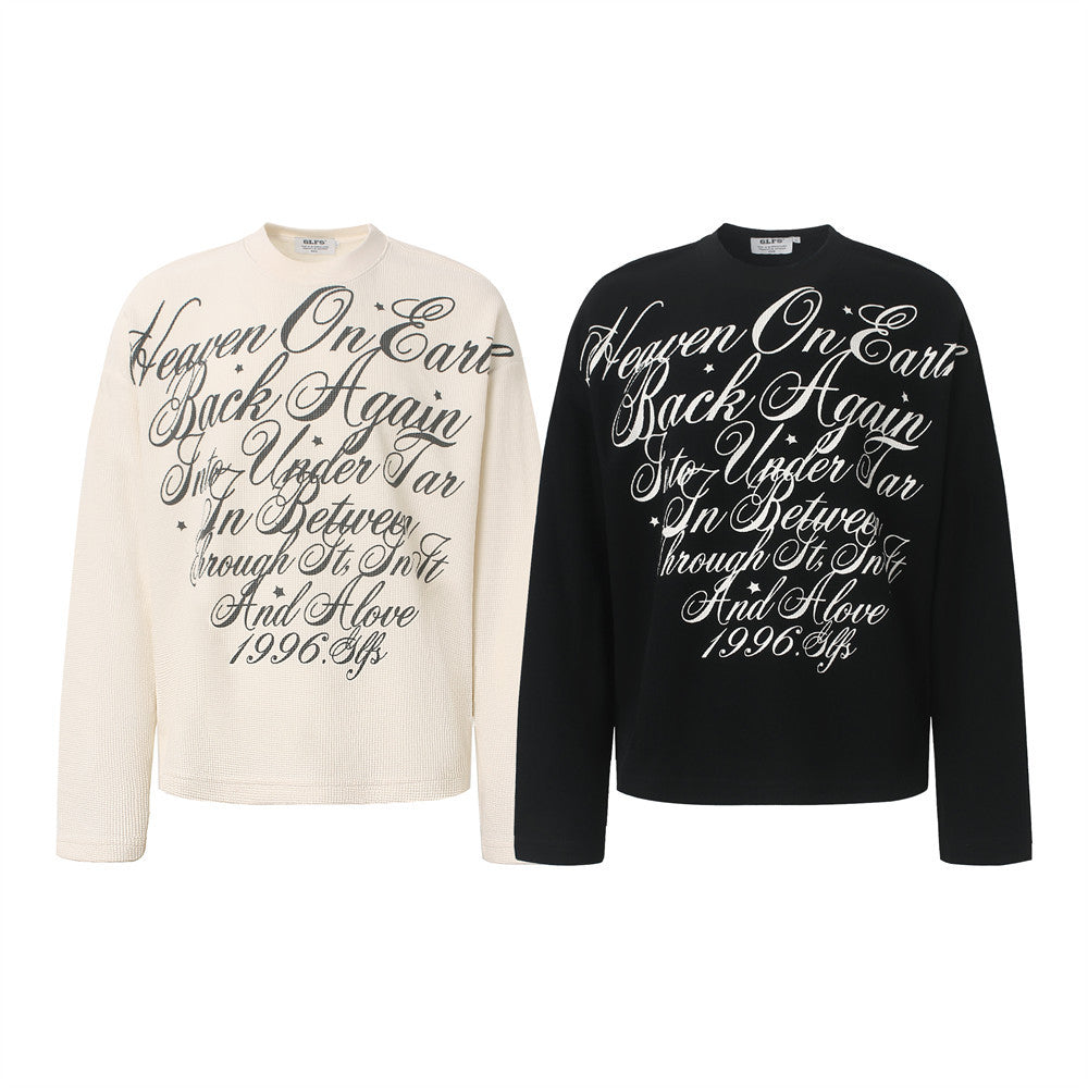 Gothic Script Print Long Sleeve Crewneck Tee – Oversized Waffle Knit Streetwear
