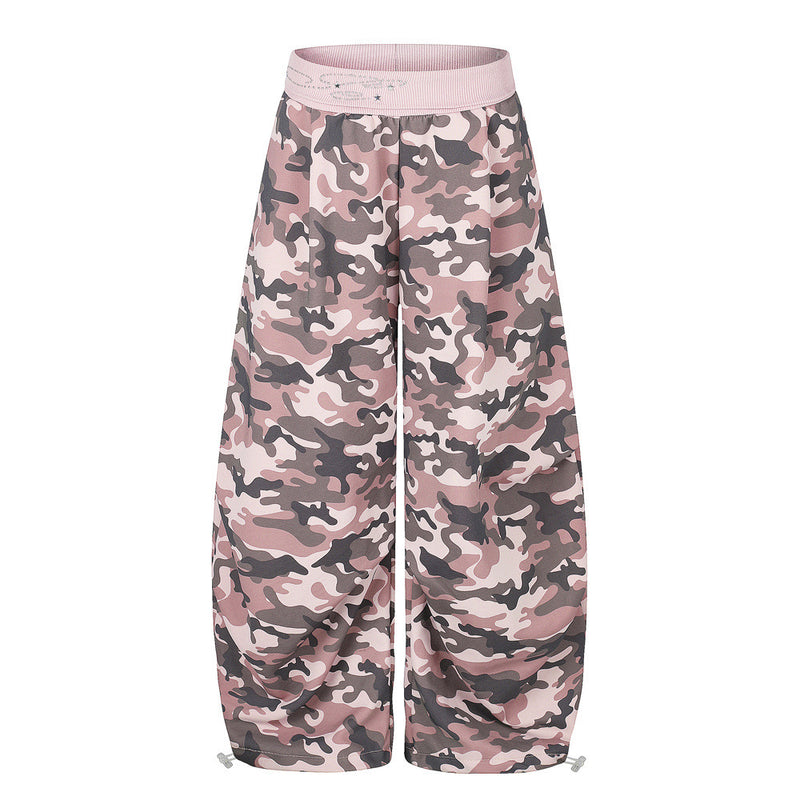Men's Relaxed Fit Camo Wide-Leg Pants with Elastic Waistband & Ruched Hem