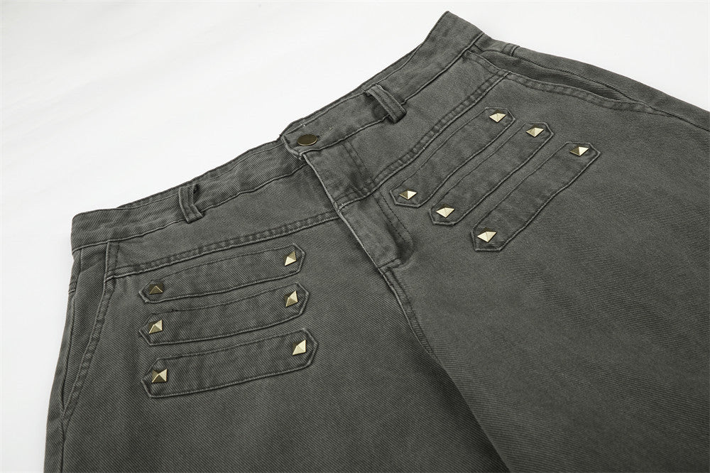 Wide-Leg Cargo Pants with Gold Pyramid Studs – Punk Workwear Straight-Cut