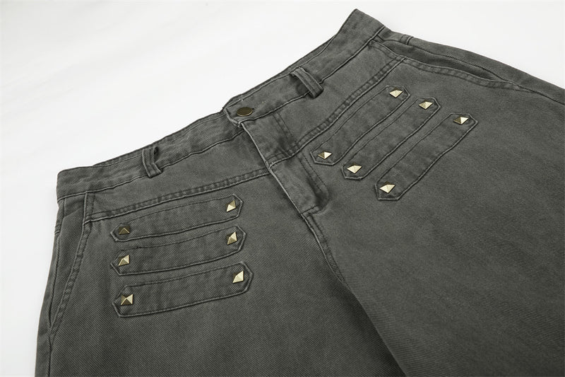 Wide-Leg Cargo Pants with Gold Pyramid Studs – Punk Workwear Straight-Cut