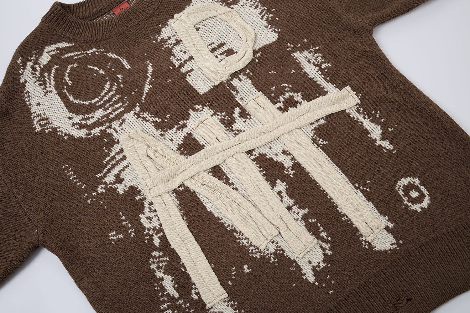 Pull en maille graphique effet usé – Col rond streetwear américain avec appliqué