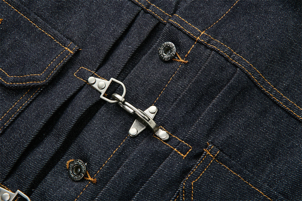 Men's Dark Indigo Denim Jacket with Metal Buckle Pleated Front Detail