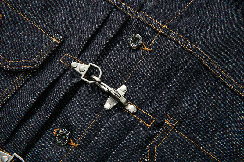 Men's Dark Indigo Denim Jacket with Metal Buckle Pleated Front Detail