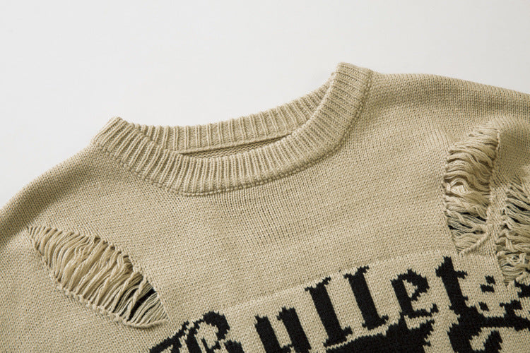 Distressed Knit Sweater with Face Graphic Print and Fringe Holes – American