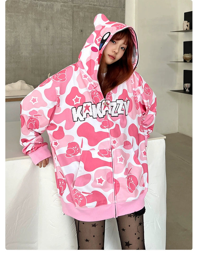 Pink Kirby-Inspired Hoodie - 400GSM Cotton with Camo Design and 3D Ears