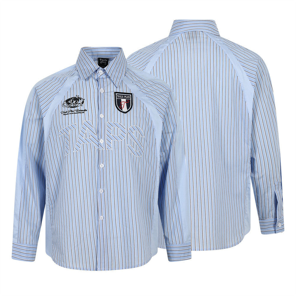 Men's Light Blue Striped Long-Sleeve Button-Down Shirt with Letter Embroidery