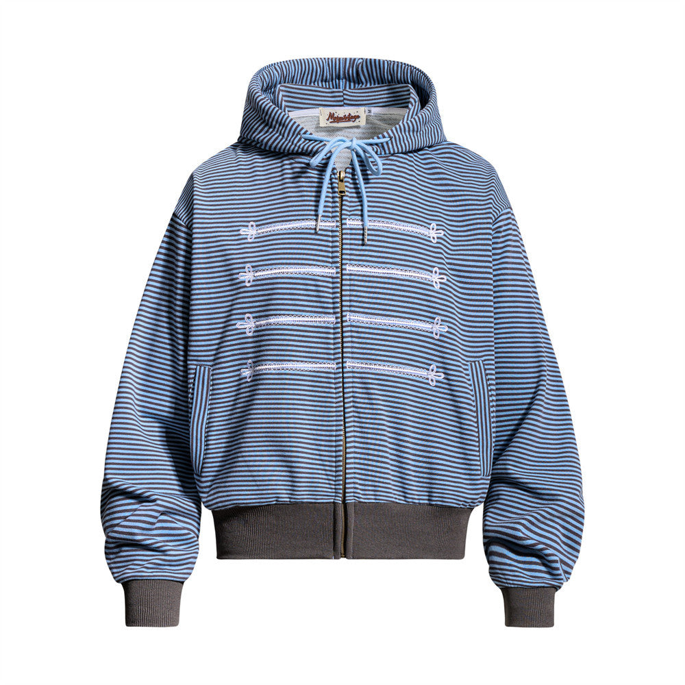 Sudadera de rayas con cremallera - Sudadera bomber corta oversize bordada para hombre
