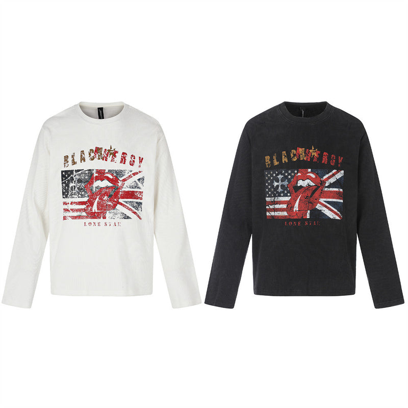 Long Sleeve Waffle Knit Graphic Tee – US & UK Flag Rock Print