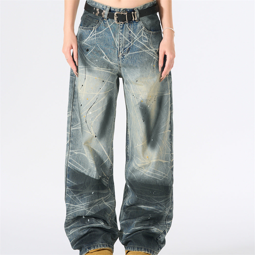 Wide-Leg Jeans with Paint Splatter & Distressed Scratch Print — Grunge Baggy Fit