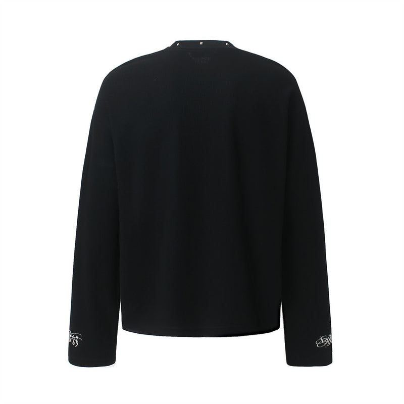 Men's Long Sleeve Shirt Leopard Cross Graphic Black Waffle-Knit Oversized Tee