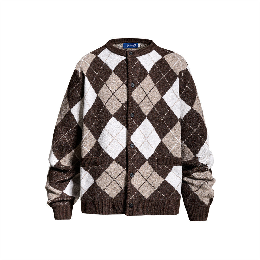 Gilet homme oversize en maille à motif argyle marron multicolore avec fermeture boutonnée et poches plaquées