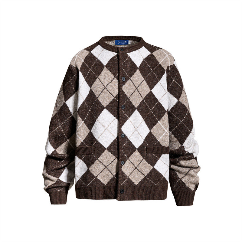 Gilet homme oversize en maille à motif argyle marron multicolore avec fermeture boutonnée et poches plaquées