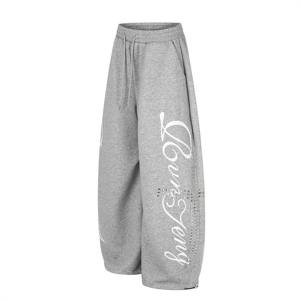 Wide Leg Pants for Men – Cross Rhinestone Script Graphic Relaxed Fit Sweatpants