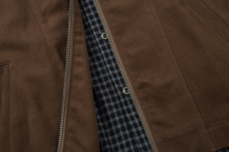 Men's Plaid-Lined Zip-Up Harrington Jacket – Layered Collar Workwear Coat