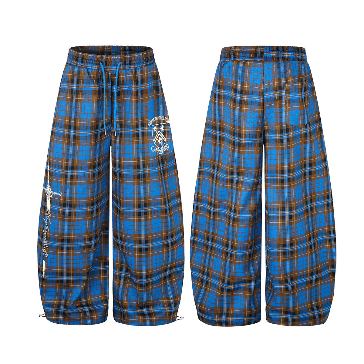 Blue and brown tartan wide-leg plaid pants with embroidered crest graphic and drawstring cinched hem, front and back view