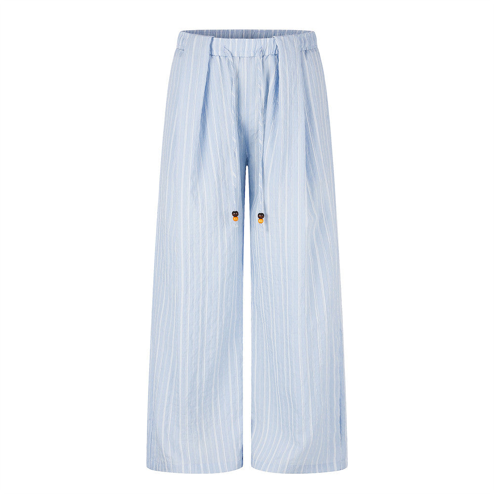 Striped Wide-Leg Pants with Elastic Drawstring Waist and Pleated Detail