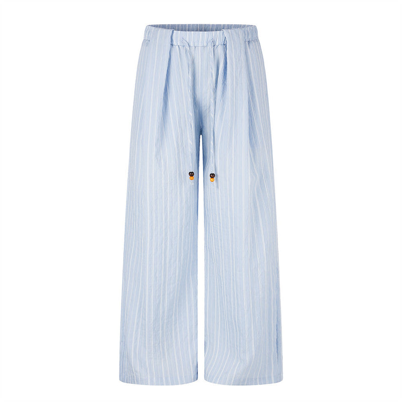Striped Wide-Leg Pants with Elastic Drawstring Waist and Pleated Detail