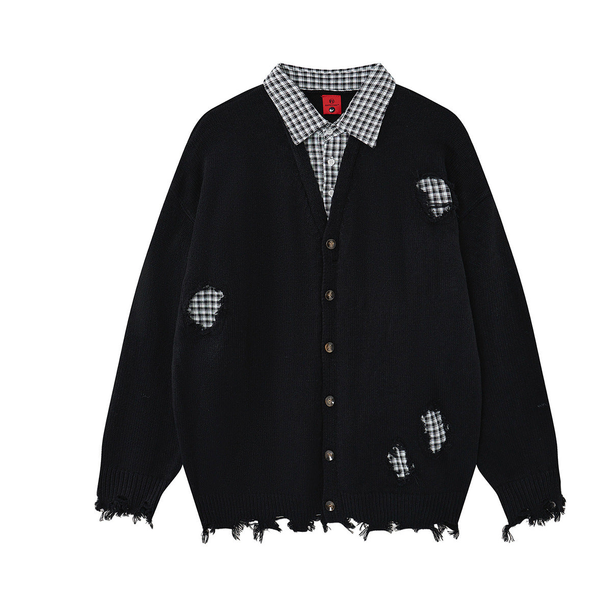 Cardigan en maille déstructurée à col tartan superposé