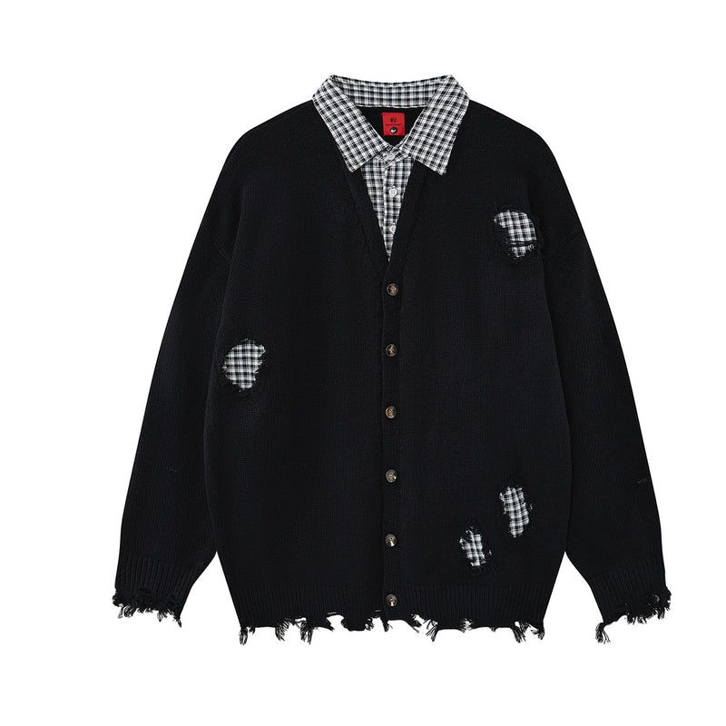 Cardigan en maille déstructurée à col tartan superposé