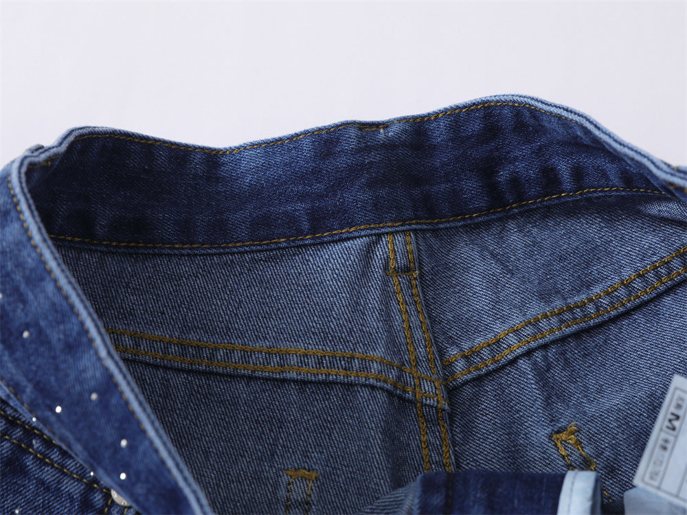Wide-Leg Denim Shorts with Allover Rhinestone Detail – Men's Cropped Jean Shorts
