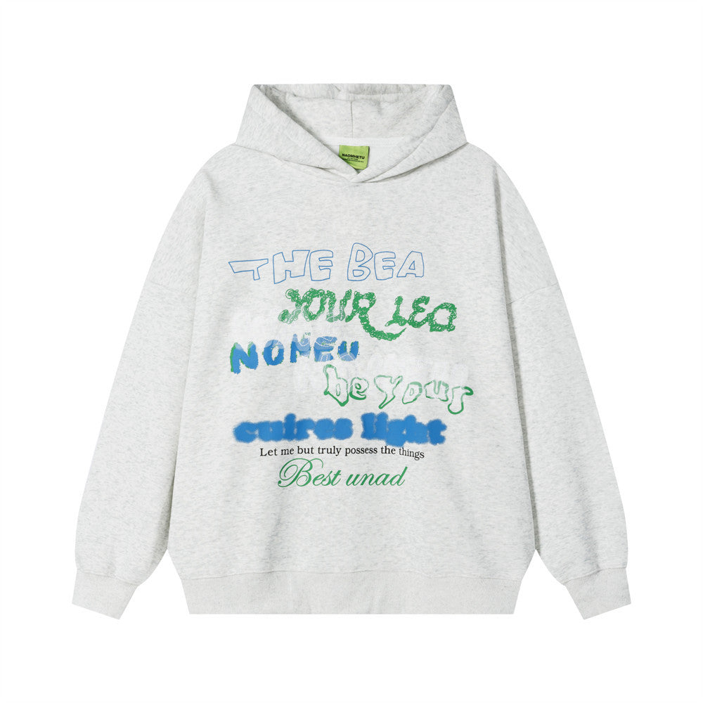 Oversized Graphic Letter Print Fleece-Lined Pullover Hoodie