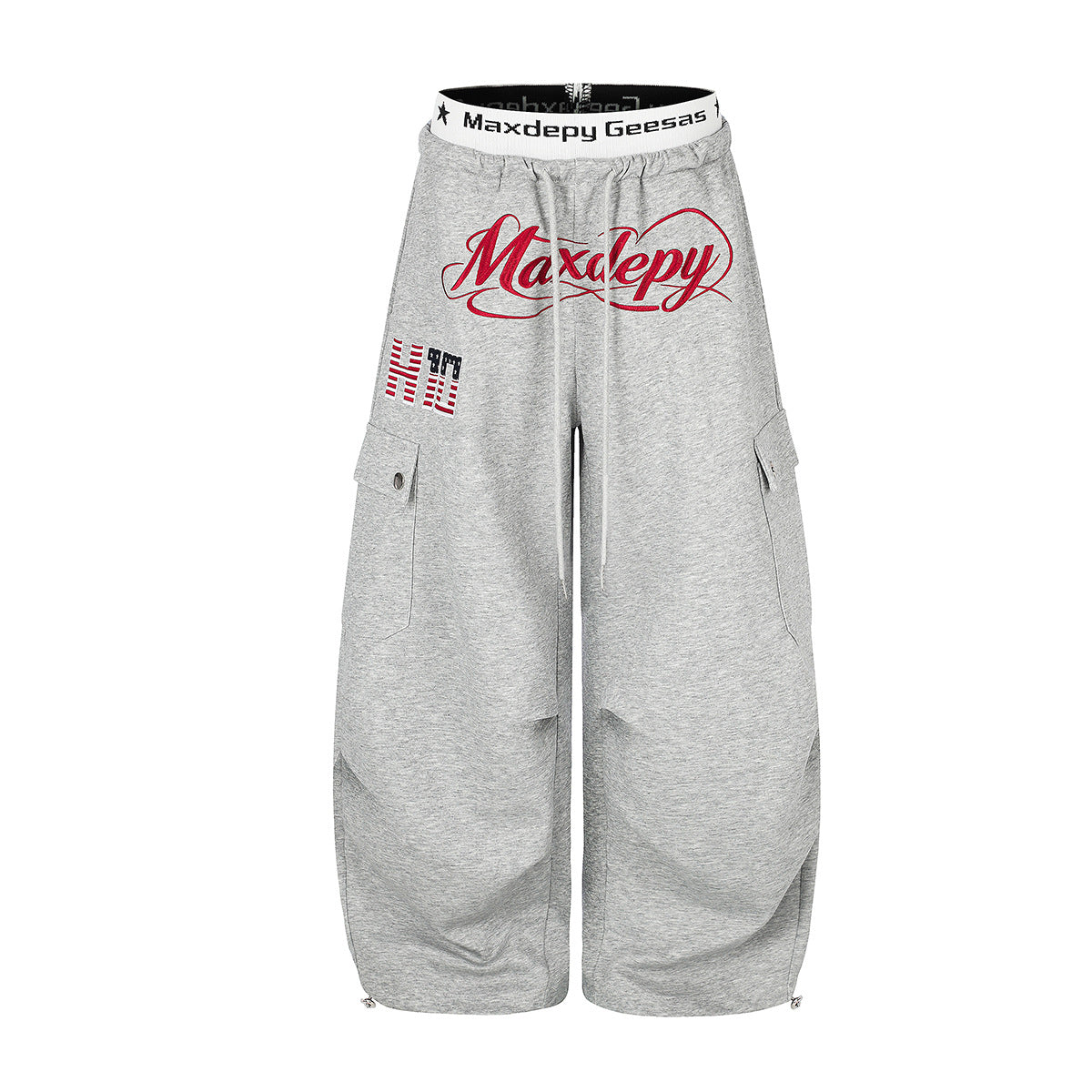 Pantalon de survêtement cargo ample à jambes larges, logo Maxdepy brodé gris chiné, poches cargo à boutons-pression et e