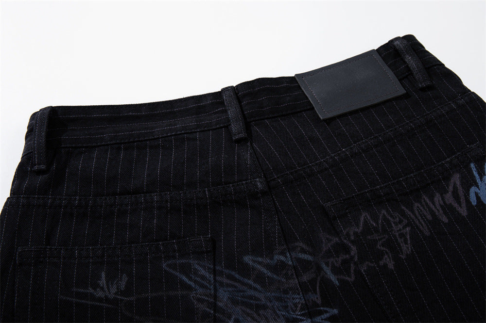 Graffiti Print Pinstripe Wide-Leg Jeans – Relaxed Straight Fit
