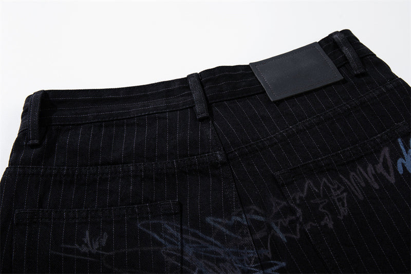 Graffiti Print Pinstripe Wide-Leg Jeans – Relaxed Straight Fit