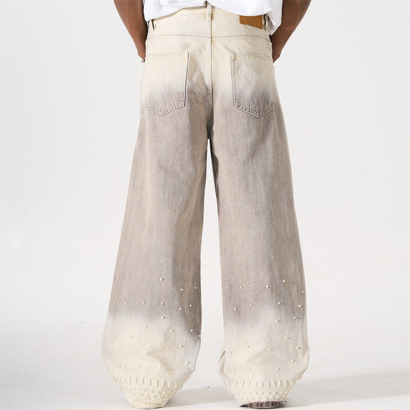 Wide-Leg Jeans – Gradient Tie-Dye Wash with Pearl Bead Embellishments