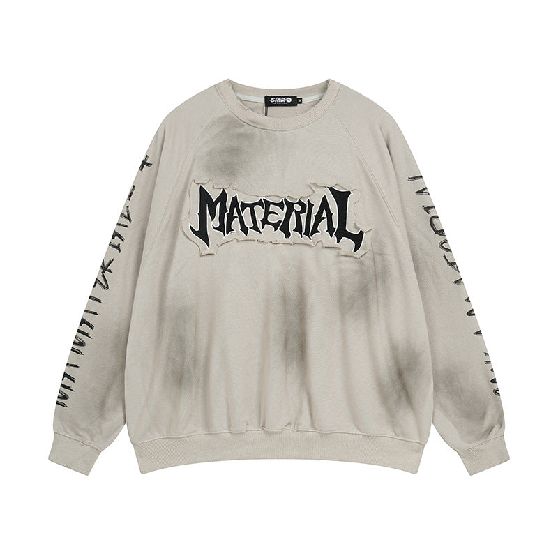 Men's Crew Neck Sweater Washed Distressed 'Material' Graphic Patch Sweatshirt