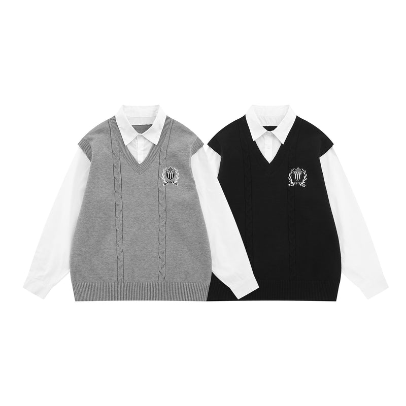 Cable Knit Sweater Vest Layered Shirt with Tie – Collegiate Preppy Style