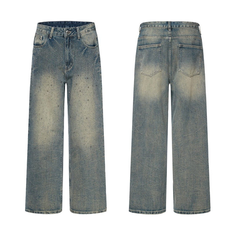Men's vintage wash wide-leg jeans with scattered rhinestone embellishment on blue distressed denim, front and back view