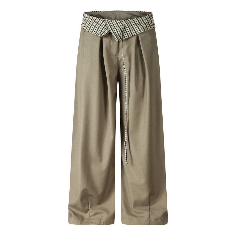 Wide-Leg Trousers with Gingham Fold-Over Waistband – Relaxed Drape Dress Pants
