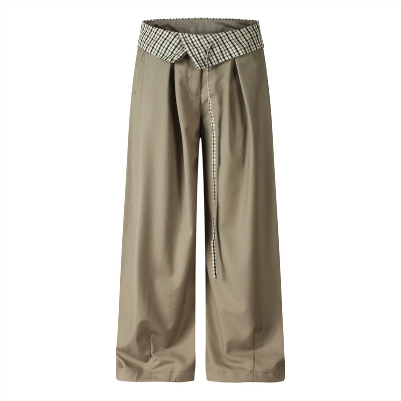 Wide-Leg Trousers with Gingham Fold-Over Waistband – Relaxed Drape Dress Pants