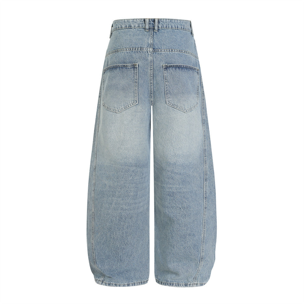 Men's Wide Leg Barrel Jeans – Diagonal Button Fly, Vintage Washed Denim