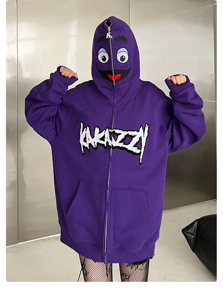 Fun Cartoon Face Hoodie - 400GSM Oversized Purple Zip-Up Streetwear Sweatshirt